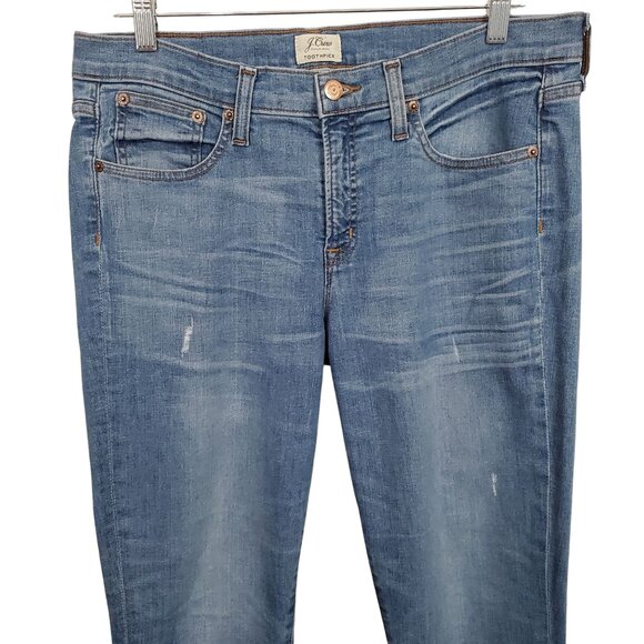 J Crew Size 31 Jeans Toothpick Distressed Mid Rise Skinny Stretch Denim Raw Hem - Picture 3 of 14